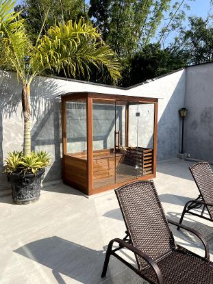 Cabine sauna seca madeira e vidro